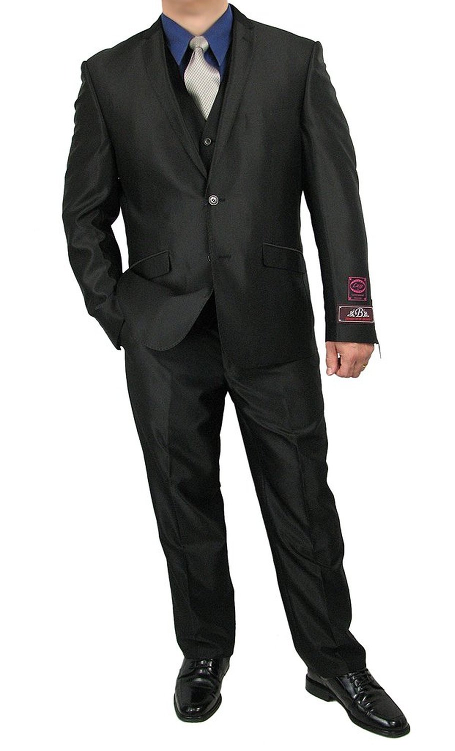 Sharp Men's 3-Piece, Shark-Skin, Slim-Cut, Flat-Front Dress Suit